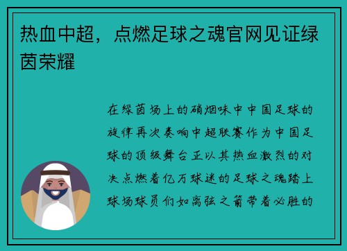 热血中超，点燃足球之魂官网见证绿茵荣耀