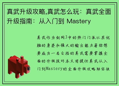 真武升级攻略,真武怎么玩：真武全面升级指南：从入门到 Mastery